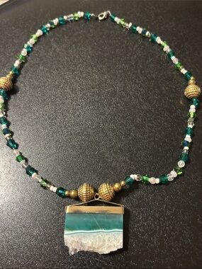 Handmade Green Agate Slice Pendant Necklace with Gold Tone Accents